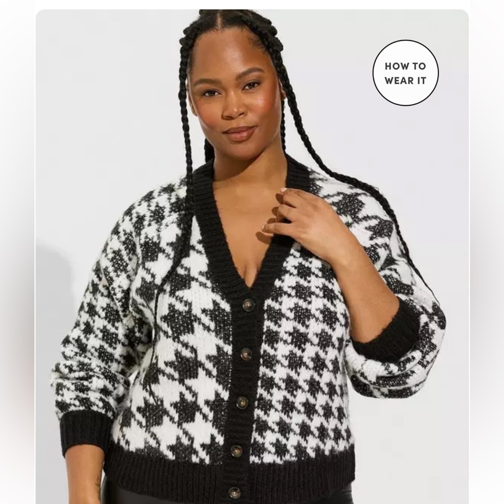 Torrid 00 Cardigan V-Neck Button Front Crop Sweater Houndstooth
